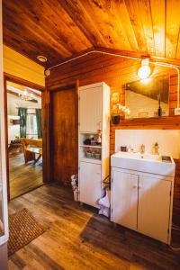 a kitchen with a sink and a counter top at Cozy Nature Retreat with Patio Fireplace Garden 