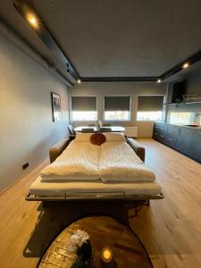 ein Schlafzimmer mit einem großen Bett in der Mitte des Zimmers in der Unterkunft Modern apartment with hot tub in Akureyri in Akureyri