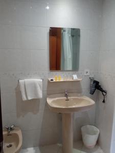 a bathroom with a sink and a toilet and a mirror at Hostal Cuzco in Salamanca