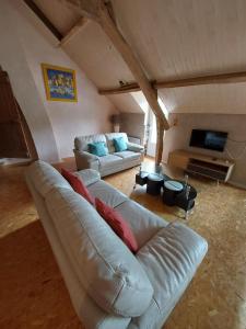 a living room with a couch and a tv at Gite de la Motte in Litteau