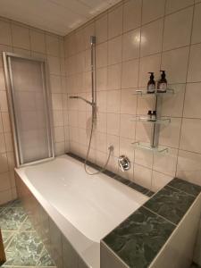 eine Dusche im gefliesten Bad mit Badewanne in der Unterkunft Frein Chalets - Kaltenbach in Frein