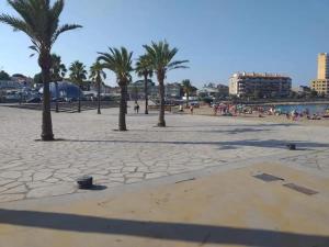 a beach with palm trees and people on it at Montiro in L'Escala