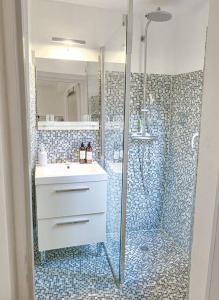 La salle de bains est pourvue d'une douche, d'un lavabo et de toilettes. dans l'établissement Spacieux T3 * centre ville * sans vis à vis, à Aix-en-Provence