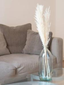 un vase en verre avec des plumes sur une table avec un canapé dans l'établissement Spacieux T3 * centre ville * sans vis à vis, à Aix-en-Provence