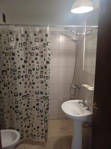 a bathroom with a shower curtain and a sink at B & V departamentos in San Salvador de Jujuy