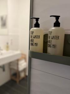 dos botellas de loción sentadas en un estante en un baño en Wanderlust Petrisberg - Studio 54, en Trier