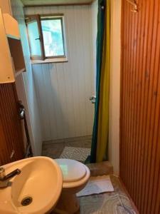 a bathroom with a sink and a toilet and a window at Faház Motel in Abádszalók
