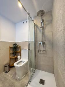 W łazience znajduje się toaleta i przeszklona kabina prysznicowa. w obiekcie Holidays2Malaga Lebrija 3 bedroom & Terrace & Parking & Smart TV w Maladze