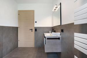 een badkamer met een wastafel en een spiegel bij Haus Weinblick Apt 5 in Magrè allʼ Adige