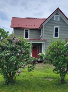a green house with a red roof and two trees at FLX 1890's Farmhouse in Hector
