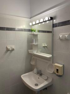 een badkamer met een wastafel en een spiegel bij Katerinas Inn Apartments in Kerion