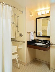 uma casa de banho com um lavatório e um chuveiro em Fairfield Inn and Suites by Marriott Rochester West/Greece em Rochester