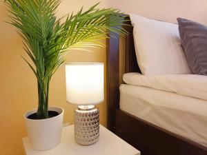 a lamp on a table next to a bed with a plant at Centrally located Studio Apartment in Riga