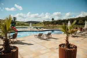 a swimming pool with chairs and palm trees next to it at Engenho da Serra Hotel EcoResort in Capitólio