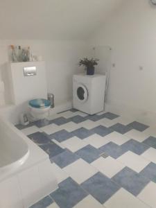 a bathroom with a blue and white checkered floor at Ferienwohnung Lottstetten in Lottstetten