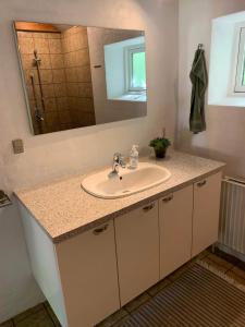 a bathroom with a sink and a mirror at Hærvejshuset 