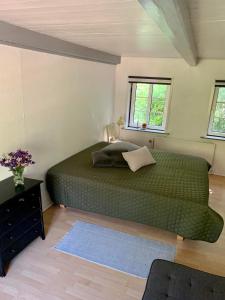 1 dormitorio con 1 cama verde grande en una habitación en Hærvejshuset 