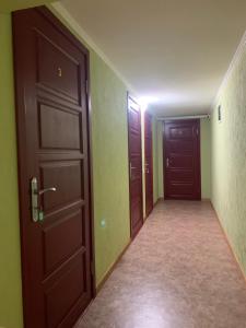 an empty hallway with two brown doors and green walls at Mega city in Kyiv