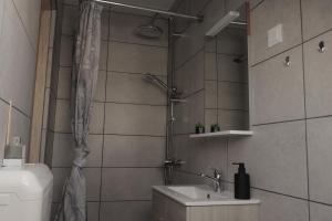 uma casa de banho com um chuveiro, um lavatório e um WC. em MaRéJa Vendégház em Hortobágy