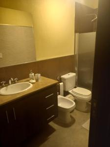 La salle de bains est pourvue d'un lavabo, de toilettes et d'un miroir. dans l'établissement Casas del Médano, à Médano de Oro