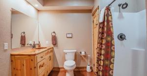 ein Badezimmer mit Toilette, Waschbecken und Dusche in der Unterkunft Paradise View Log Cabin in Nashville + 27 Fotos