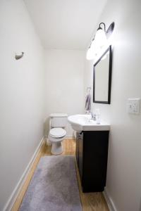 a bathroom with a toilet and a sink and a mirror at 1840 Stagecoach in Nashville +11 photos