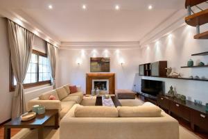 Anthemis Luxury Villa في كاليمنوس: غرفة معيشة مع أريكة ومدفأة