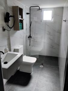 e bagno con servizi igienici, lavandino e doccia. di Callista sea view or garden a Kíssamos