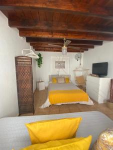 1 dormitorio con cama amarilla y TV en HAPPY HOUSE NANE en Playa Honda