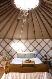 Una cama en una yurta con una bandeja de comida. en Verde Água Agroturismo e Agricultura Biológica en Couto