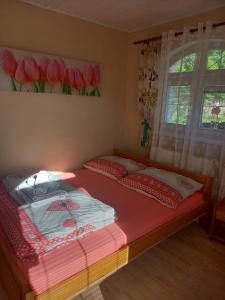 a bedroom with two beds with red sheets and flowers on the wall at Penzion Dominika in Oravský Biely Potok