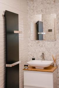 uma casa de banho com um lavatório e um espelho em Chalet HerMes arT em Idrija