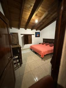 um quarto com uma cama vermelha e uma secretária em Hotel del Pozo em San Sebastián del Oeste