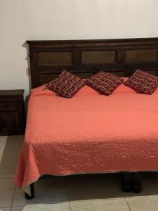uma cama com lençóis vermelhos e almofadas em Hotel del Pozo em San Sebastián del Oeste