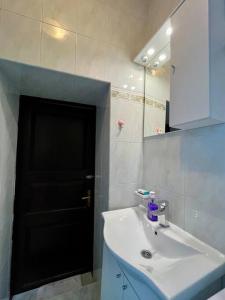 baño con lavabo y puerta negra en Studio Apartman Ana en Lastovo