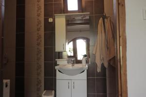 uma casa de banho com um lavatório e um espelho em Hegedüs Major em Hortobágy