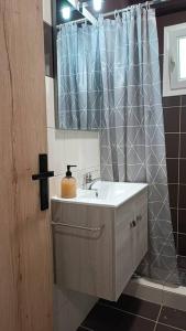 een badkamer met een wastafel en een douchegordijn bij I5 studio in Ioannina