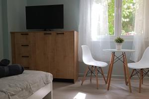 een woonkamer met een tv en een tafel en stoelen bij I5 studio in Ioannina