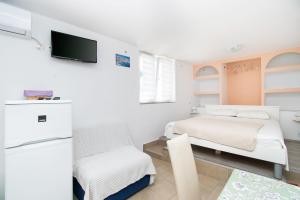 ein Schlafzimmer mit zwei Betten und einem Fernseher an der Wand in der Unterkunft Apartments Jadranka in Grebaštica
