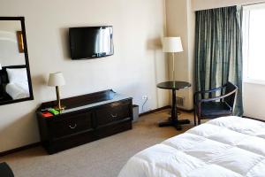 um quarto de hotel com uma cama e um espelho em Hotel Austral Bahía Blanca em Bahía Blanca