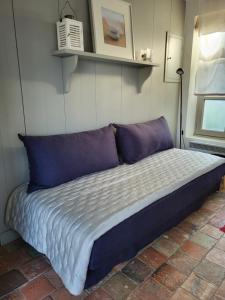 a bed with purple pillows in a room at Ma Chambre d'Amis in Saint-Clément-des-Baleines