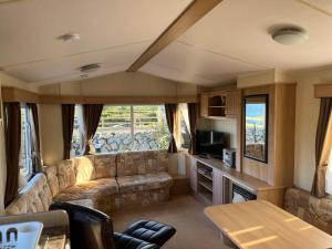 a living room in an rv with a couch and a tv at Forget-me-not Holidays in Annalong