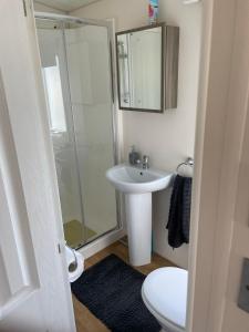 La salle de bains est pourvue d'un lavabo, d'une douche et de toilettes. dans l'établissement Serenity Holiday Home, à Saint Osyth