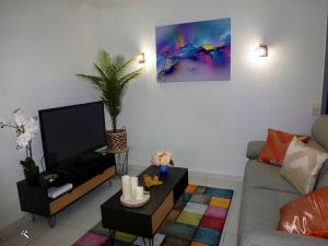 sala de estar con sofá y TV de pantalla plana en Le Scoubidou, en Perpiñán