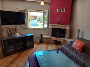 a living room with a couch and a flat screen tv at BIRD S SONG in Lixouri