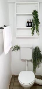 ein weißes Badezimmer mit Toilette und einer grünen Pflanze in der Unterkunft Kingfisher 20 in Velddrif + 22 Fotos