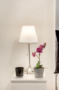 a table with a lamp and two plants on it at Beautuful 2 bed apartment in central London in London