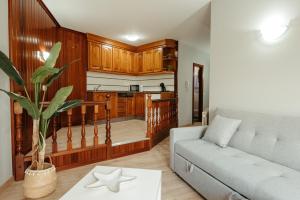 a living room with a couch and a kitchen at LAR DA REVOLTA in Cedeira