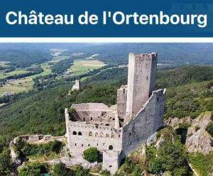 un antico castello su una montagna con le parole "Chateau de irebourg" di Les Lavandières Scherwiller a Scherwiller