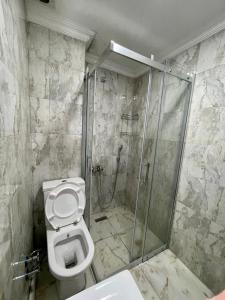 uma casa de banho com um chuveiro e um WC. em Dizayn Residence em Istambul